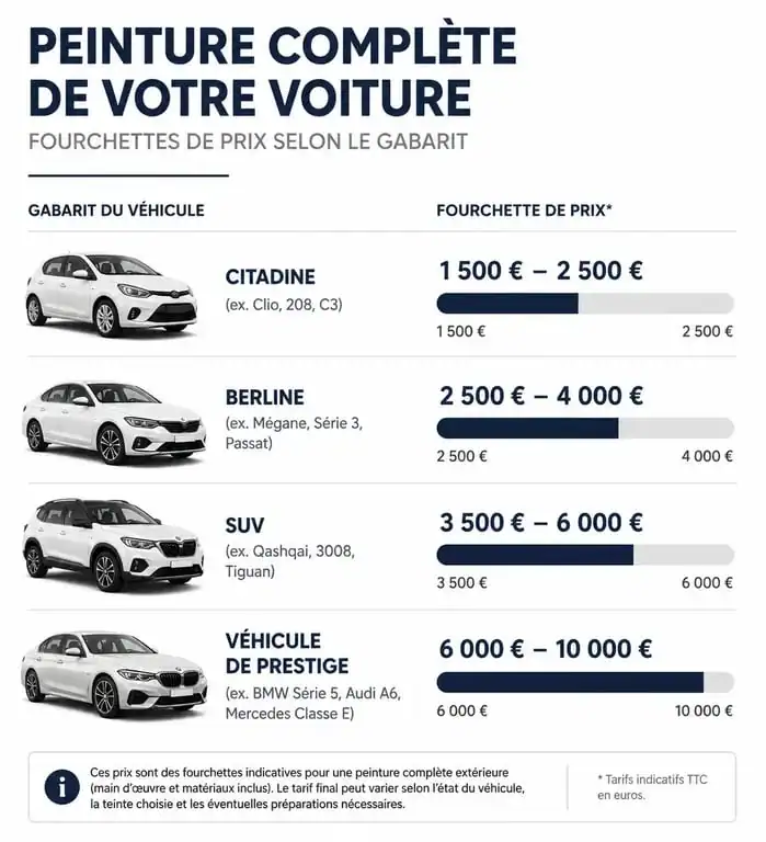 Infographie des prix moyens pour une peinture complète de voiture selon la catégorie de véhicule