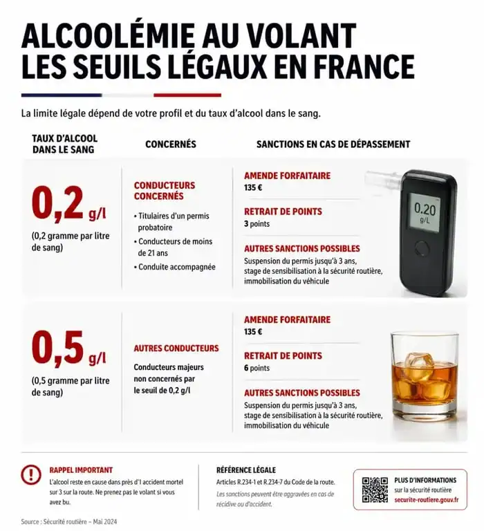 Infographie des seuils d'alcool au volant et sanctions encourues en France