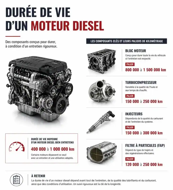 Infographie sur la durée de vie et l'entretien d'un moteur diesel