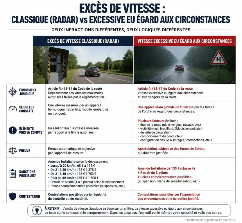 Comparatif entre excès de vitesse classique et vitesse excessive eu égard aux circonstances