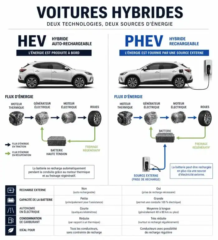 Infographie comparative entre voiture hybride classique HEV et hybride rechargeable PHEV pour comprendre comment se recharge une voiture hybride