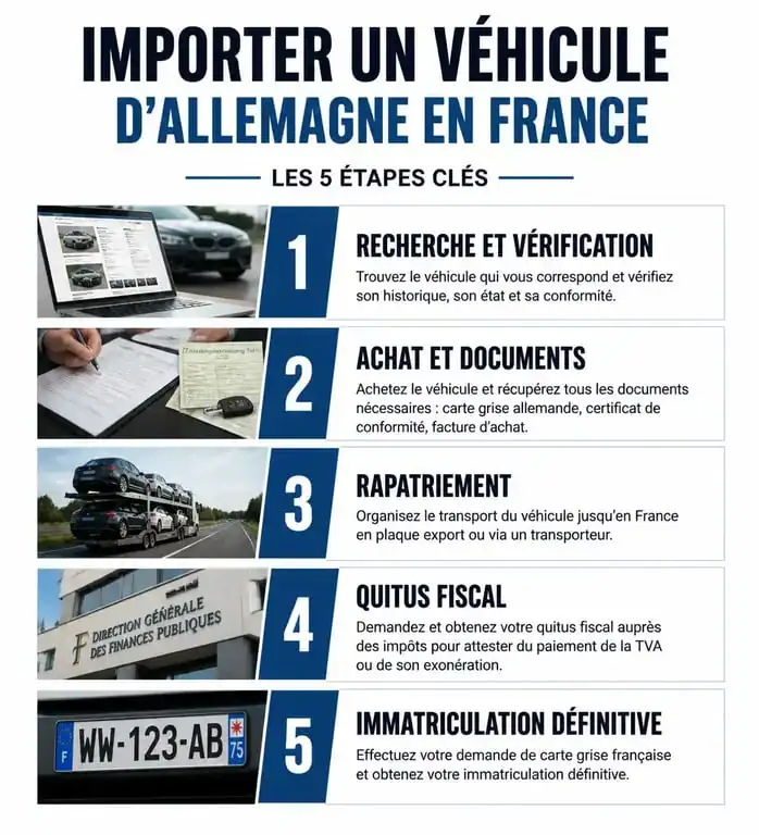 Infographie des étapes pour acheter un véhicule en Allemagne et l'importer en France