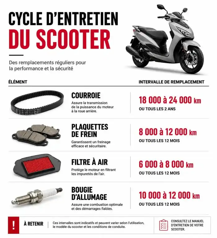 Infographie du cycle d'entretien des pièces scooter pour assurer la longévité du moteur
