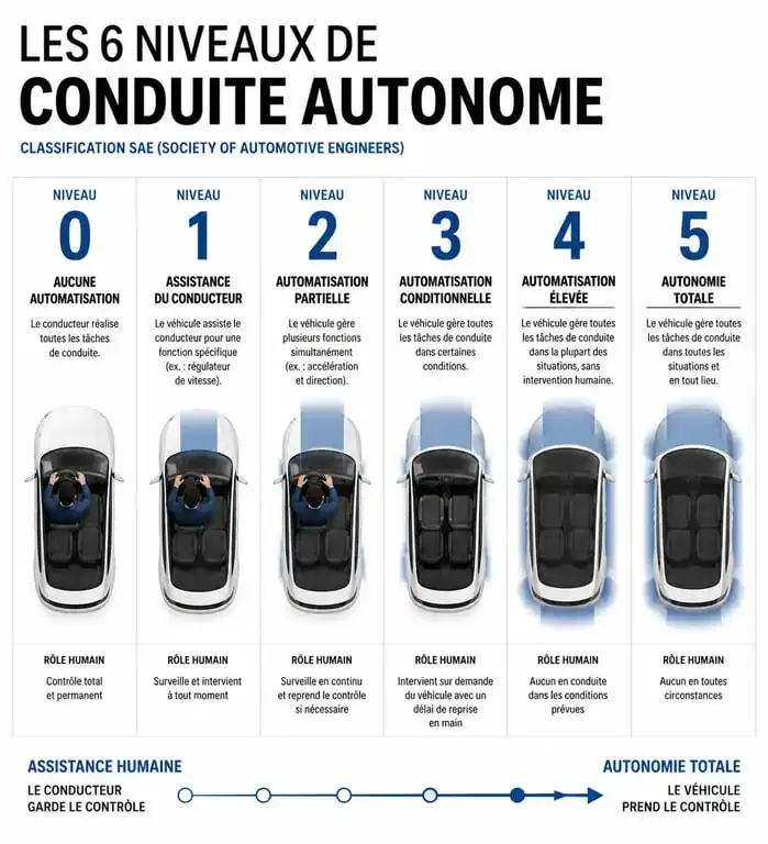 Infographie des 6 niveaux de conduite autonome SAE pour comprendre la technologie.