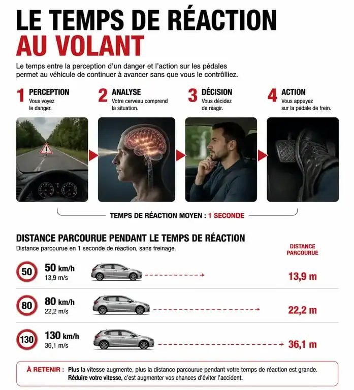 Infographie sur le temps de réaction conduite et la distance de freinage selon la vitesse