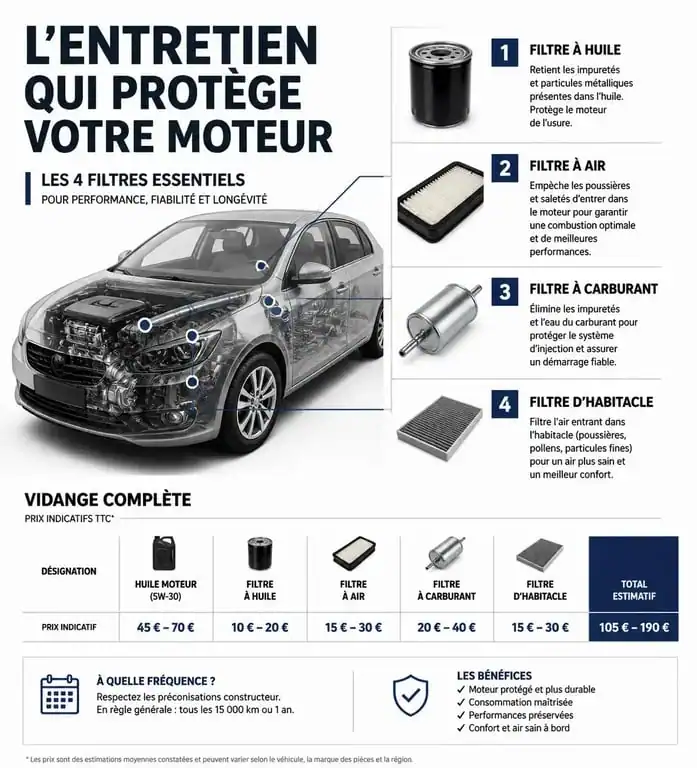 Infographie des étapes d'une vidange avec tous les filtres et estimation des prix pour l'entretien automobile