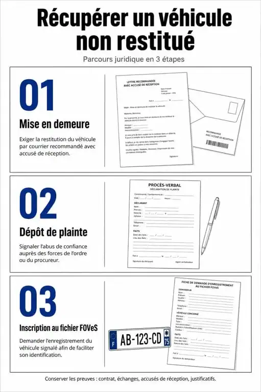 Infographie des étapes de la procédure de plainte pour non restitution de véhicule