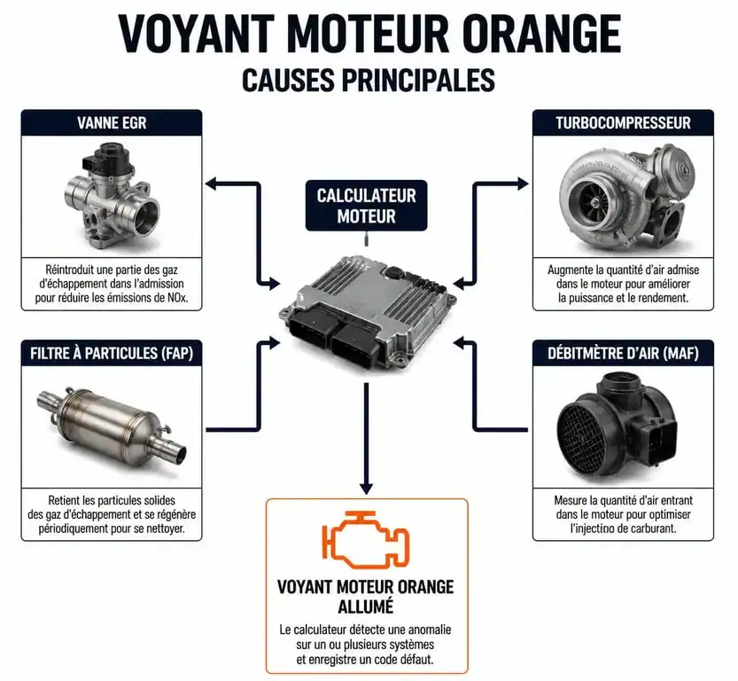 Schéma explicatif des causes du voyant moteur orange et perte de puissance
