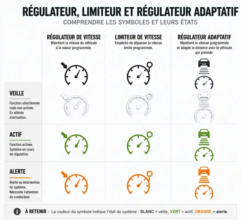 Infographie des symboles du régulateur de vitesse et du limiteur de vitesse avec leurs significations par couleur
