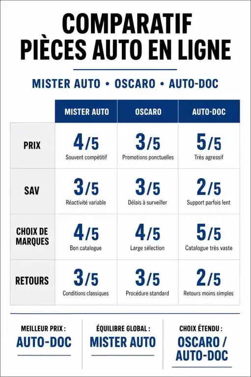 Comparatif des sites de pièces auto Mister Auto, Oscaro et Auto-Doc pour choisir le meilleur fournisseur.