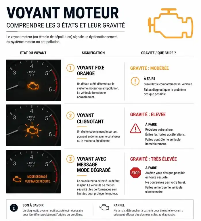 Schéma explicatif des états du voyant moteur allumé mais pas de problème