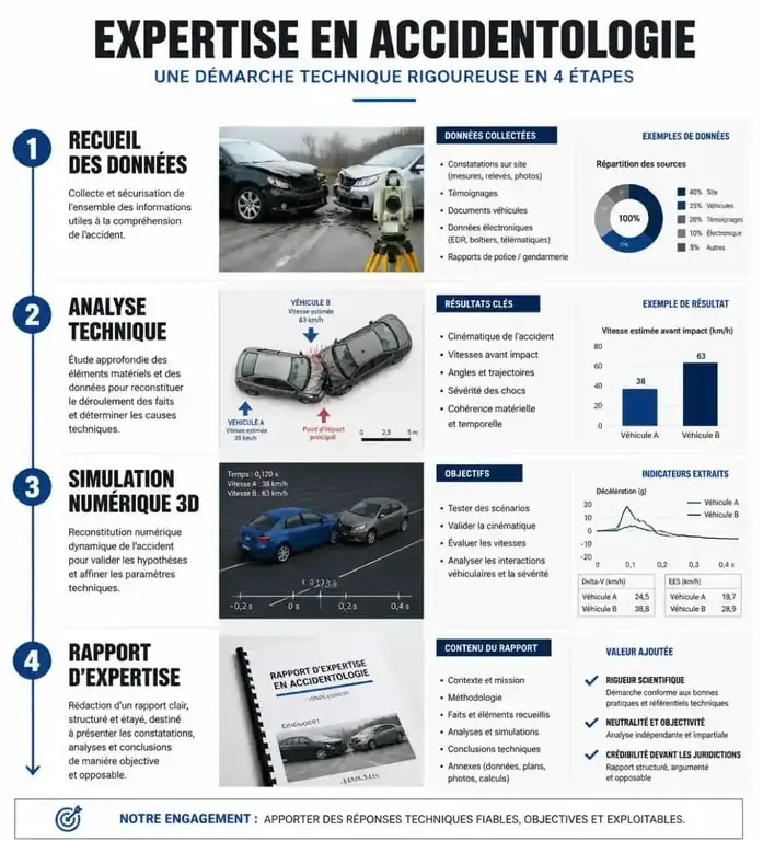 Infographie des étapes de travail d'un accidentologue pour la reconstitution d'accident