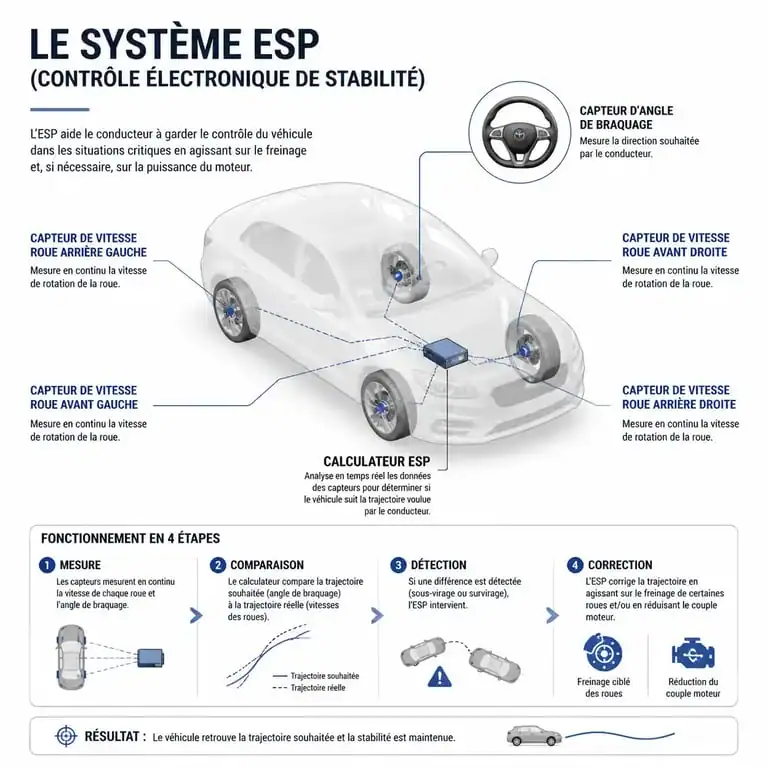 Schéma explicatif du fonctionnement du système ESP et du voyant voiture qui glisse sur le tableau de bord