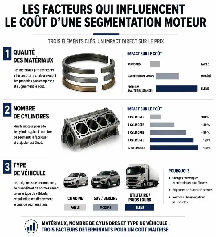 Infographie sur les facteurs influençant le prix de la segmentation moteur et le coût moyen par type de véhicule