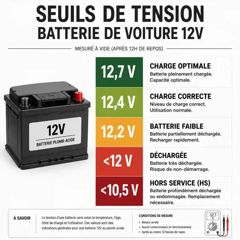 Tableau des seuils de tension pour le diagnostic d'un signe de fatigue de batterie de voiture