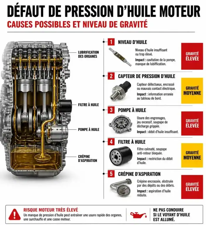 Infographie des causes et gravité du défaut de pression d'huile moteur