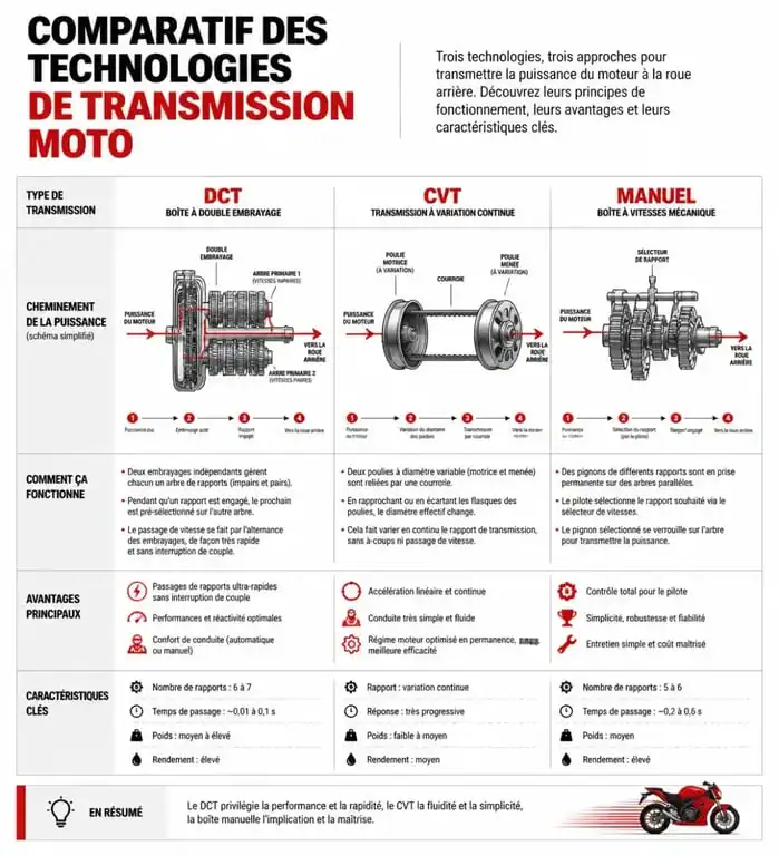 Comparatif des technologies de transmission pour moto automatique : DCT, CVT et boîte manuelle