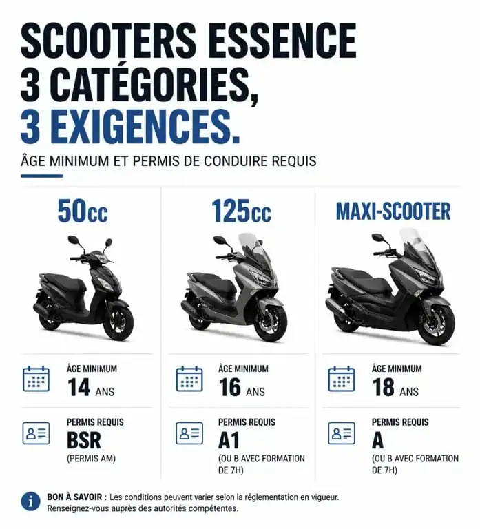 Infographie comparative des permis et âges requis pour conduire un scooter essence 50cc, 125cc ou maxi-scooter.