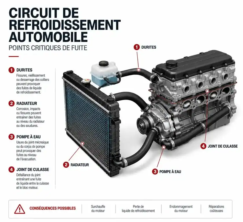 Schéma des points de fuite fréquents lors d'une perte de liquide de refroidissement sur un moteur automobile