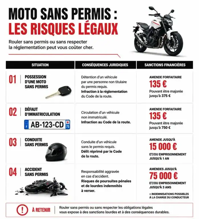 Infographie des risques et sanctions liés à l'achat d'une moto sans permis de conduire