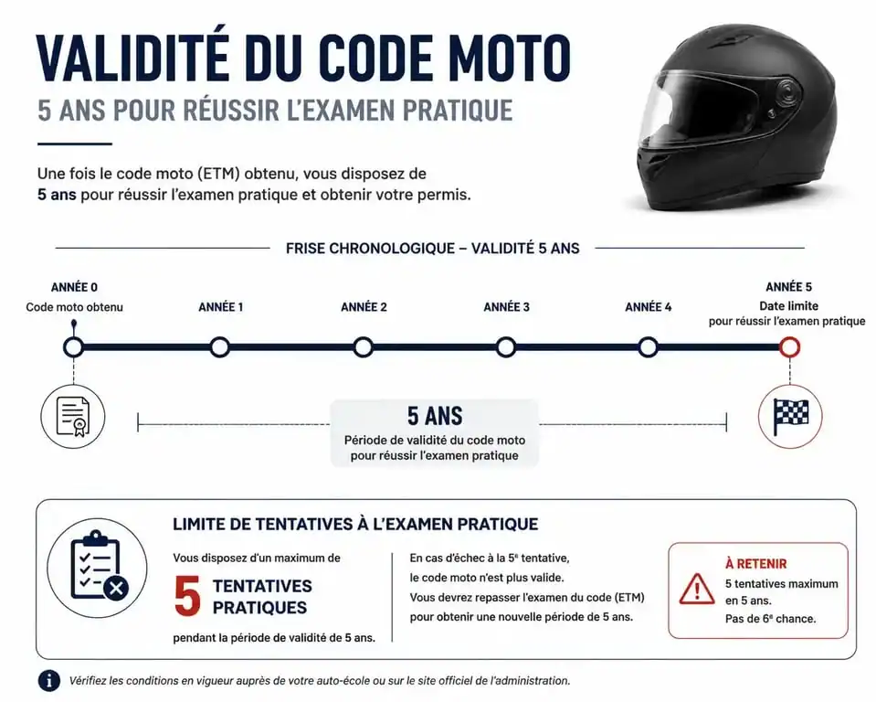 Infographie explicative sur la validité du code moto et les 5 tentatives pratiques