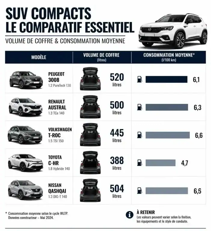 Comparatif des meilleurs SUV compacts : volume de coffre et consommation moyenne par modèle
