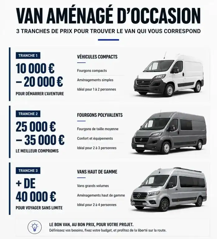 Infographie comparative des prix des vans aménagés d'occasion pour aider à choisir selon son budget.