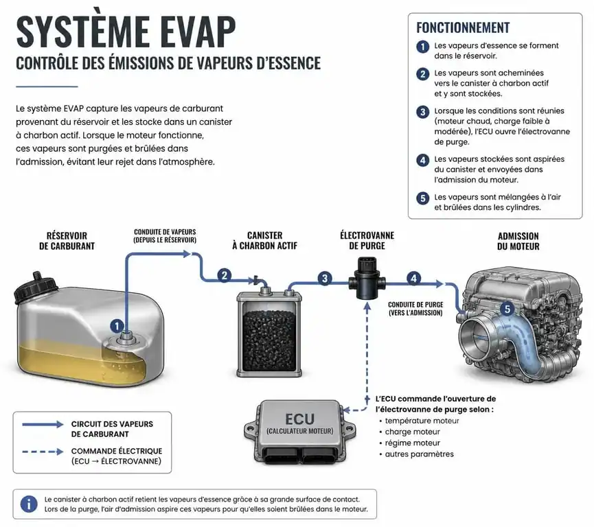 Schéma de fonctionnement du système EVAP et du canister voiture