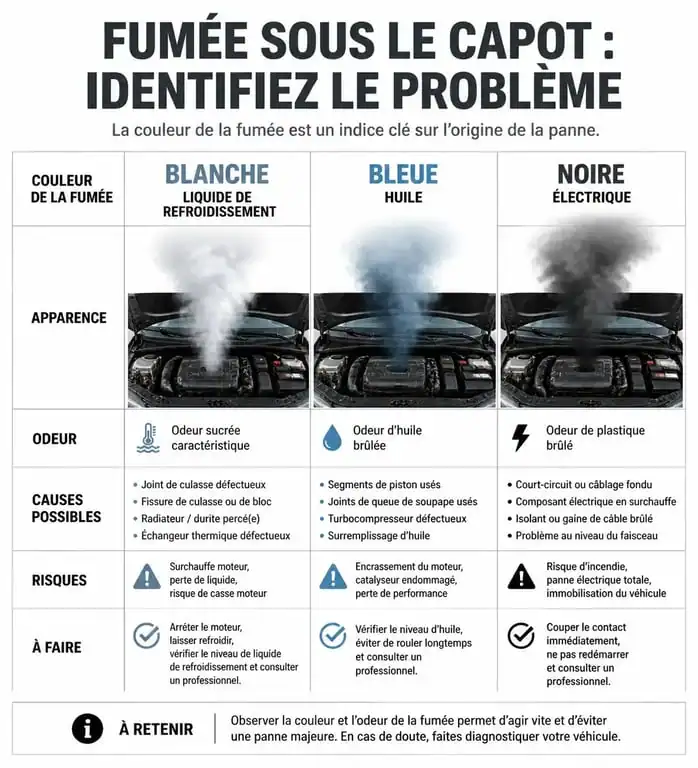 Tableau comparatif des causes de fumée sous le capot d'une voiture et odeurs associées