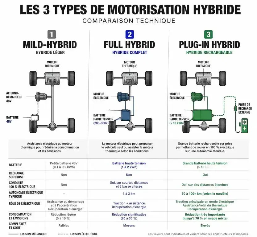 Schéma comparatif des types de voitures hybrides : fonctionnement et différences techniques