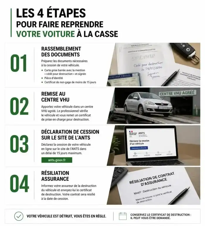 Étapes de la reprise d'une voiture à la casse pour un véhicule hors d'usage