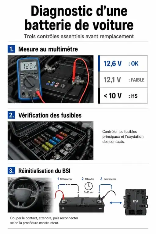 Schéma de diagnostic pour mode économie actif C4 : étapes de vérification de la batterie et du système électrique