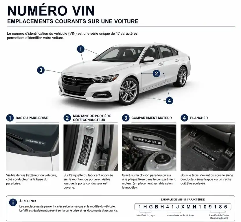 Schéma des emplacements du numéro VIN sur une voiture pour trouver la finition avec son VIN gratuitement