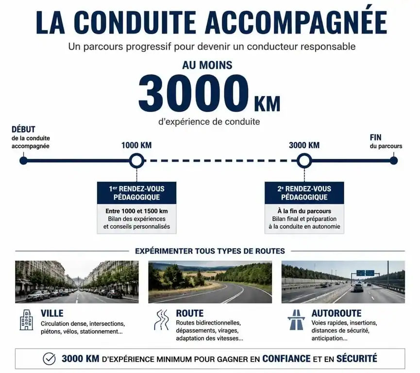 Infographie du parcours de conduite accompagnée : étapes des 3000 km et rendez-vous pédagogiques