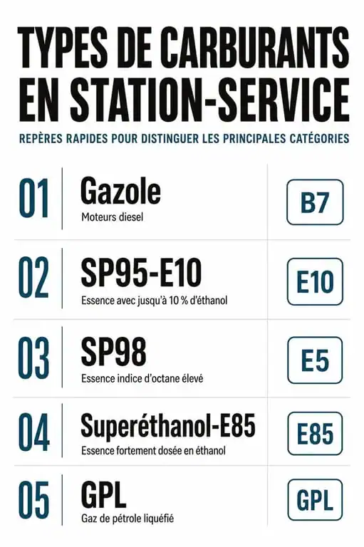 Infographie des types de carburants disponibles dans les stations Intermarché pour comparer les prix carburant