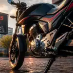 Moto 4 temps 125 noire et rouge sur place urbaine