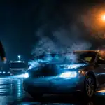 voiture qui fume sous le capot et odeur sur aire d'autoroute