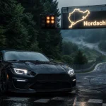 Circuit nurburgring : sportive sombre au départ sur la Nordschleife, pluie et brume