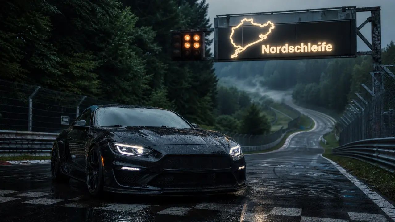 Circuit nurburgring : sportive sombre au départ sur la Nordschleife, pluie et brume