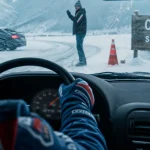 Conduite sur glace : conducteur freine sur piste enneigée