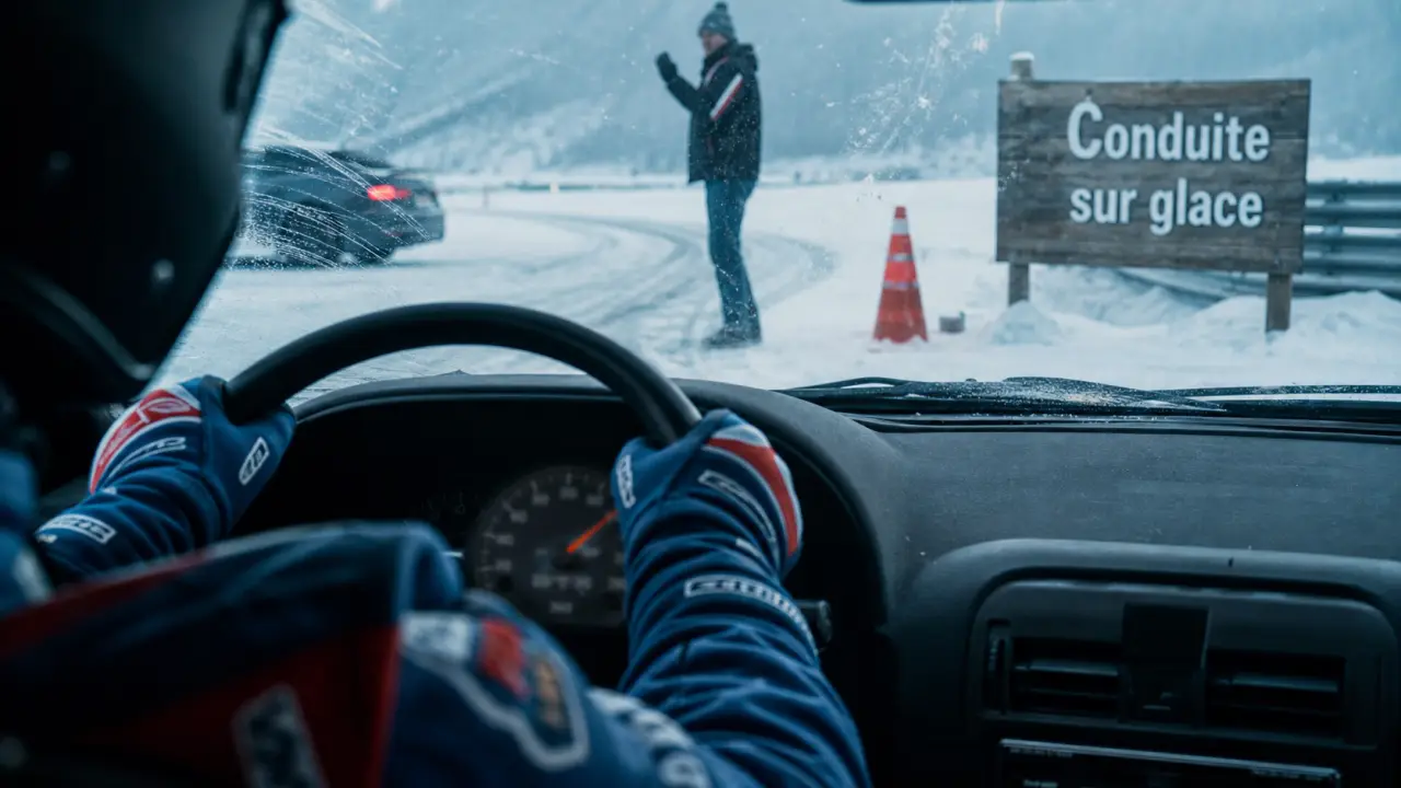 Conduite sur glace : conducteur freine sur piste enneigée