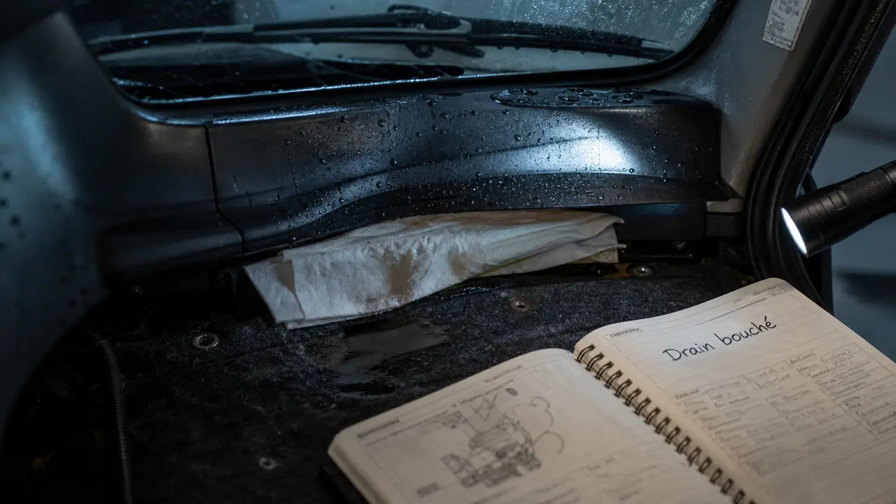 Eau qui rentre dans la voiture côté passager : moquette humide, drains et joints pare-brise à vérifier