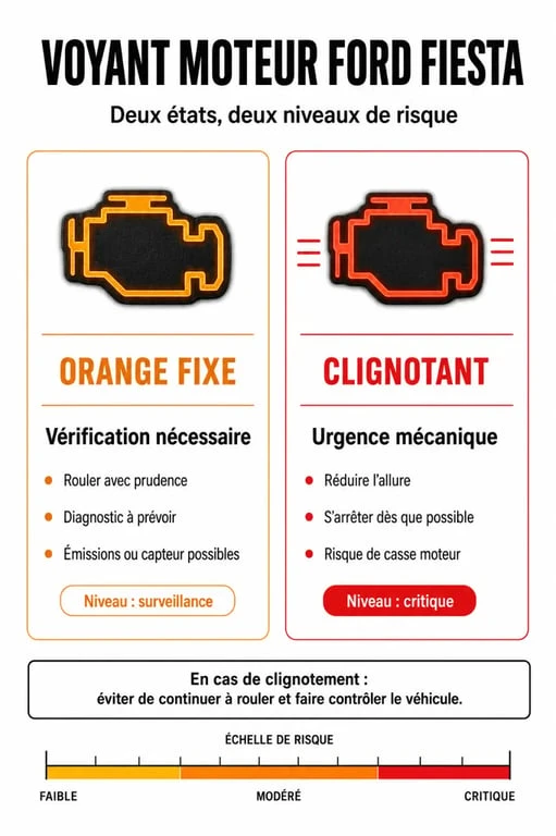 Infographie sur la signification du voyant moteur Ford Fiesta et les mesures d'urgence