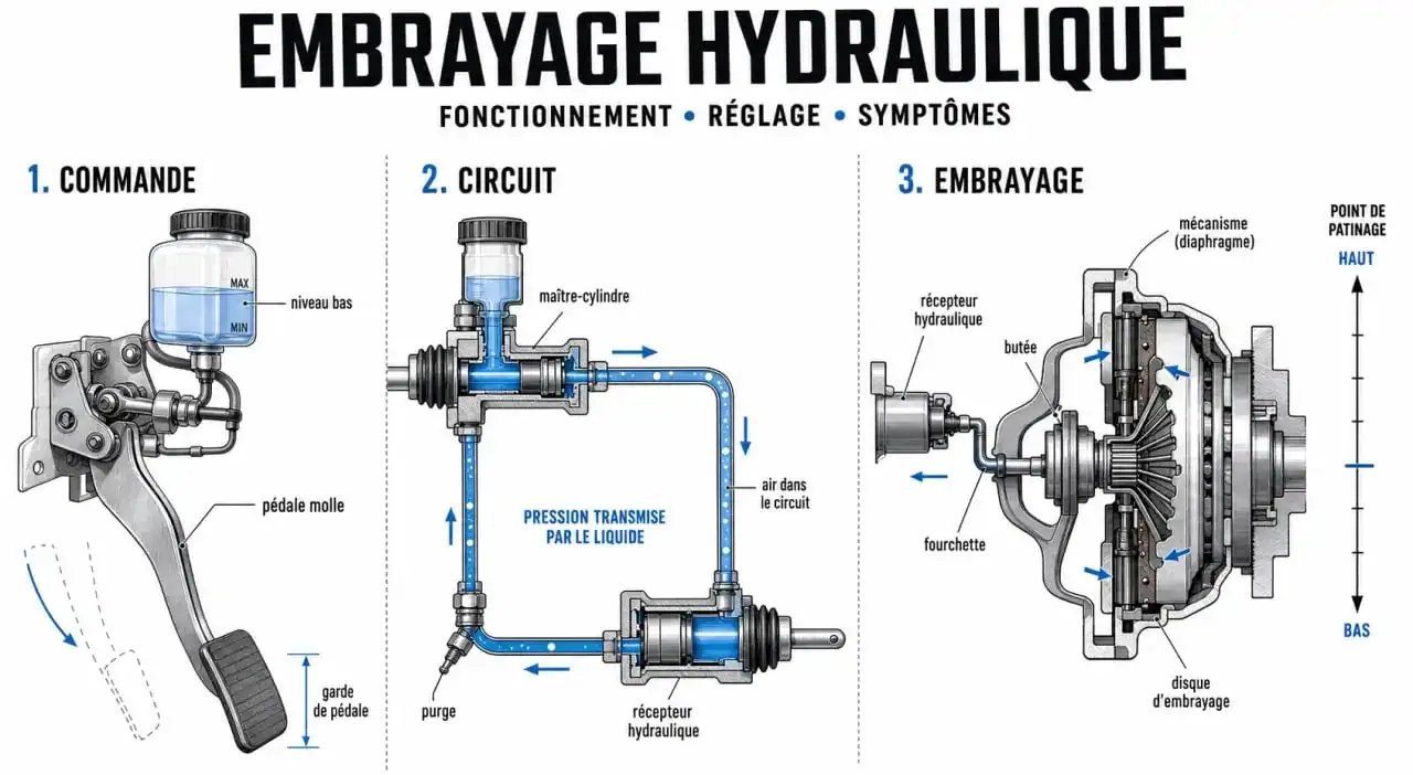 Schéma de réglage garde embrayage hydraulique avec pédale, maître-cylindre, circuit et symptômes