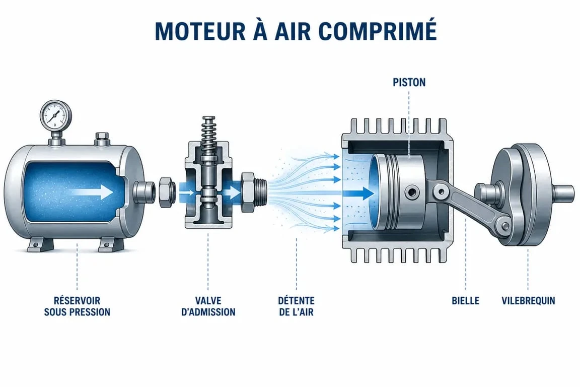 Schéma simplifié d’un moteur à air comprimé montrant le principe de fonctionnement