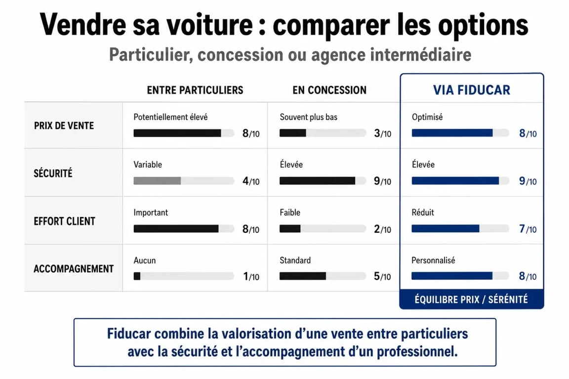 Comparatif des méthodes de vente de voiture : vente entre particuliers, reprise garage et agence Fiducar