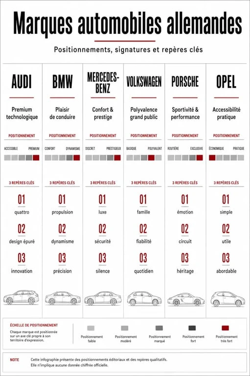 Comparatif des marques voiture allemande Audi, BMW, Mercedes-Benz, Volkswagen, Porsche et Opel