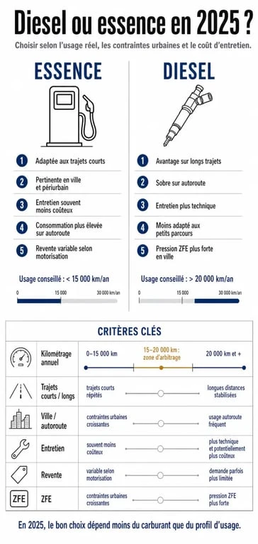 Infographie comparative diesel ou essence en 2025 avec critères de choix, kilométrage, ZFE et coût total