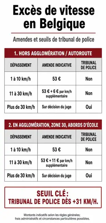 Infographie des barèmes et seuils d'amende belge pour excès de vitesse