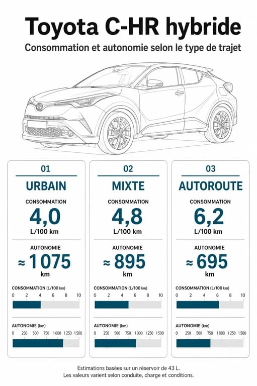 Infographie montrant la consommation et l'autonomie du Toyota C-HR hybride par type de trajet